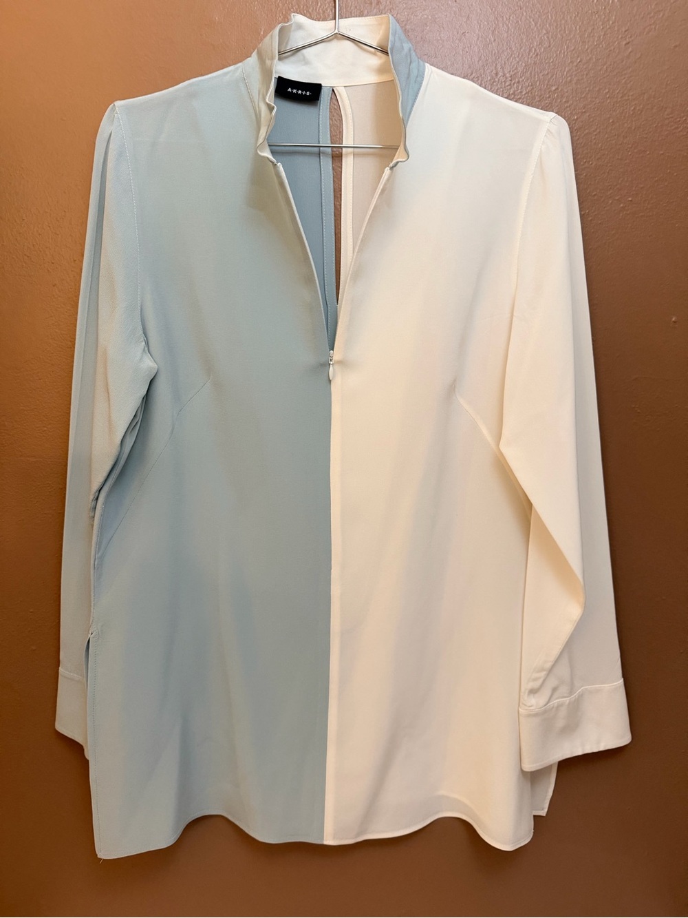 AKRIS Colorblock Silk Chiffon Mock Neck Half Zip Long Sleeve Blouse Size 10